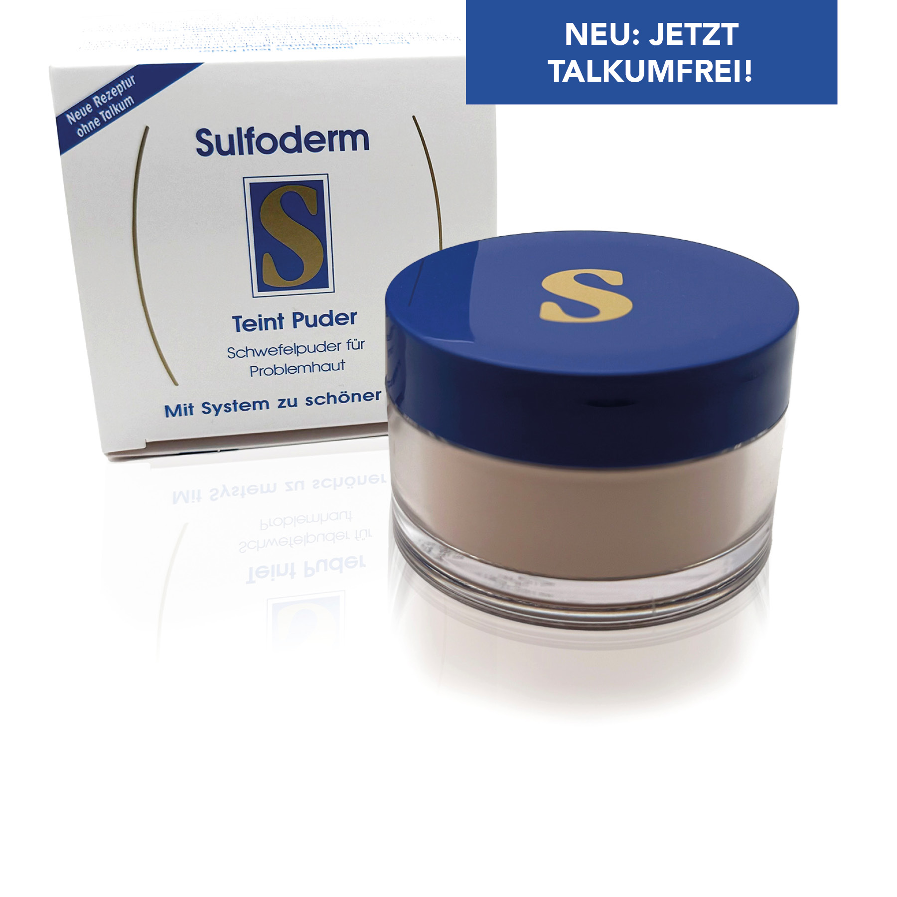 Kartonverpackung und Dose des Sulfoderm Teint Puder