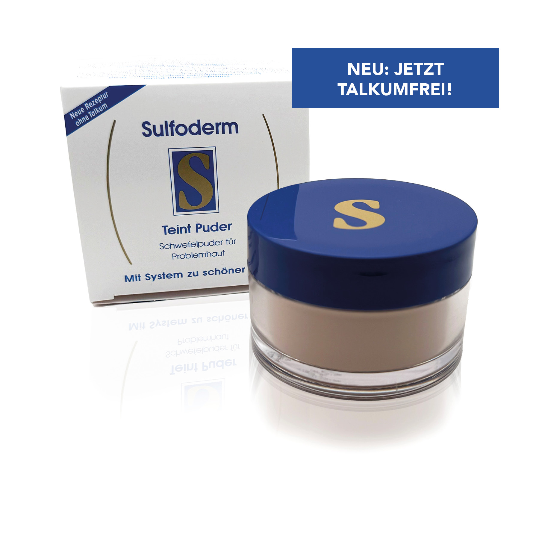 Kartonverpackung und Dose des Sulfoderm Teint Puder